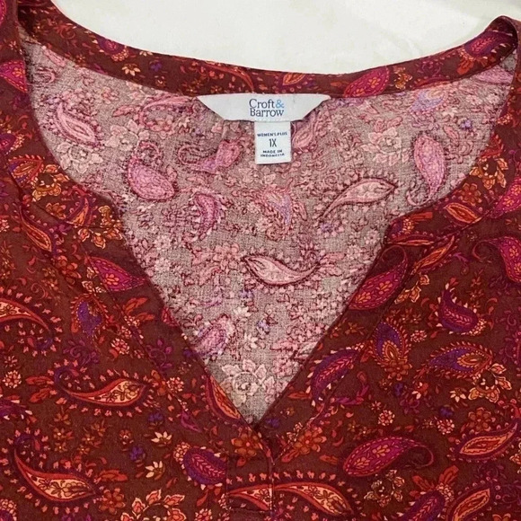 🎈Croft and Barrow women’s oversized paisley flowy burgundy bohemian top size 1X - Picture 3 of 7